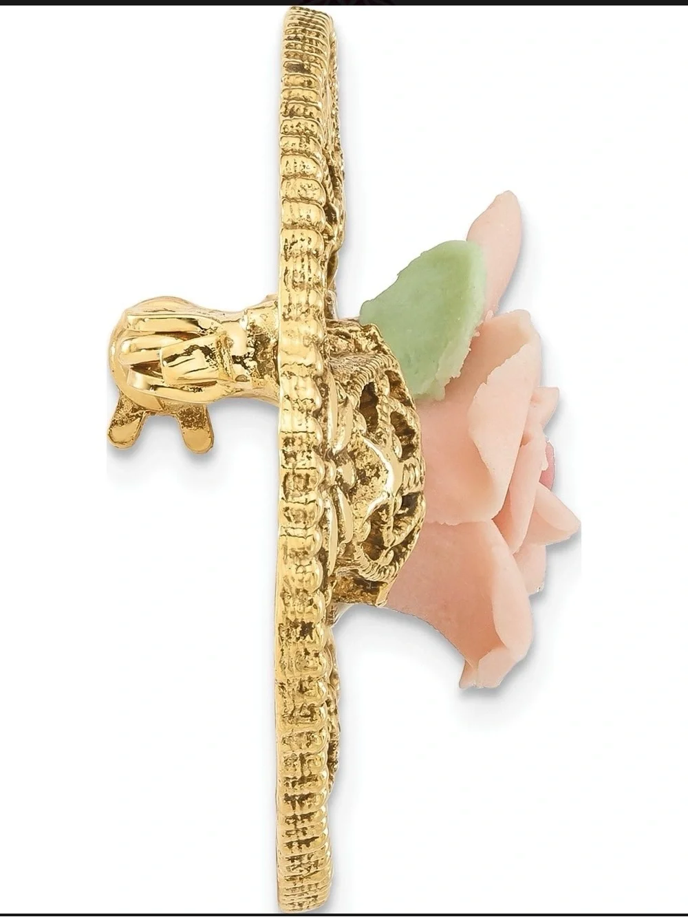 Vintage 1928 Jewelry Gold-Tone Filigree Pink Rose Porcelain Flower Brooch